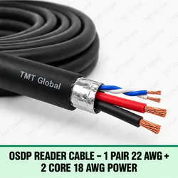 TMT Global OSDP Reader Cable – 1 Pair 22 AWG + 2 Core 18 AWG Power, one small 22 AWG twisted foil-shielded data pair plus two 18 AWG insulated power conductors, exactly four copper tips, power cores modestly thicker than data pair.