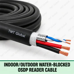 TMT Global Indoor/Outdoor Water-Blocked OSDP Reader Cable, round black PE outdoor common jacket with a water-blocking tape layer, one foil-shielded 120-ohm twisted 22 AWG data pair plus exactly two 18 AWG power conductors, four copper tips total.