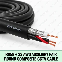 TMT Global RG59 + 22 AWG Auxiliary Pair Round Composite CCTV Cable, round black composite cable with one RG59 coax core (single central copper conductor, white dielectric and braided/foil shield) plus exactly one smaller twisted 22 AWG insulated auxiliary pair, three copper tips total.