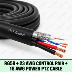 TMT Global RG59 + 23 AWG Control Pair + 18 AWG Power PTZ Cable, one RG59 coax core, one small 23 AWG twisted control pair, and two thicker 18 AWG power cores under a round black jacket, five visible copper tips.