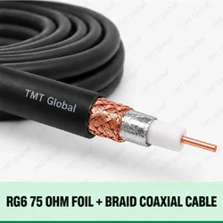 TMT Global RG6 75 Ohm Foil + Braid Coaxial Cable, single RG6 coax with one center copper conductor, dielectric, one aluminum foil wrap and one copper-braid shield, black jacket.